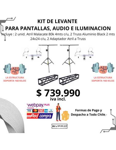KIT MONTAJE 24X24 4MTS BLACK + ATRIL MALACATE 80K + ADAPTADORES AJUSTABLES