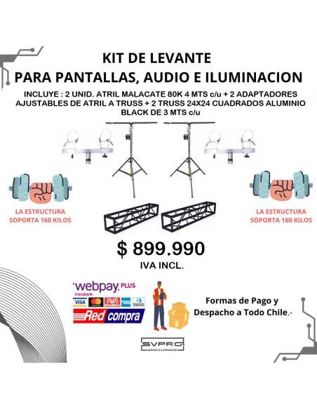 KIT MONTAJE 24X24 6MTS BLACK + ATRIL MALACATE 80K + ADAPTADORES AJUSTABLES