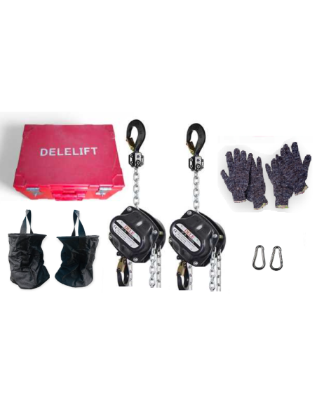 SET TECLE MANUAL 1T. CADENA 9 M. Incluye:2Tecles,2Bolsos, 2Mosquetones, 2Pares guantes, 1Flight Case